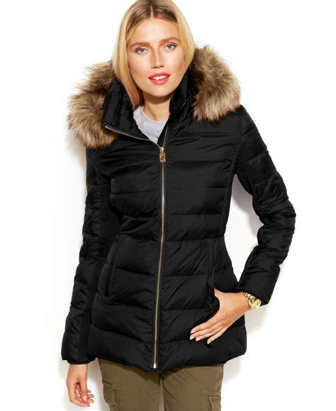 michael michael kors hooded faux fur trim down puffer coat